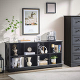 Book Shelf, 8 Cubes Farmhouse Wood Long Storage Organizer Bookcase, 3-Tier Open Shelf Wooden Bookcase, Cube Organizer with Storage, Display Cabinet Organizer for Bedroom, Home and Office, Black NONGSHIM