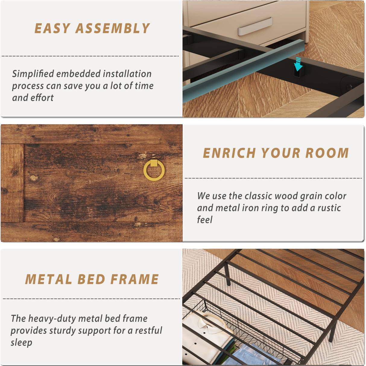 TIGUBFRE Twin Size Bed Frames with Storage Headboard and 3 Drawers, Farmhouse Platform Bed Frame with Charging Station & LED Lights, Metal Slats Support, Noise Free, No Box Spring Needed, Rustic Brown TIGUBFRE