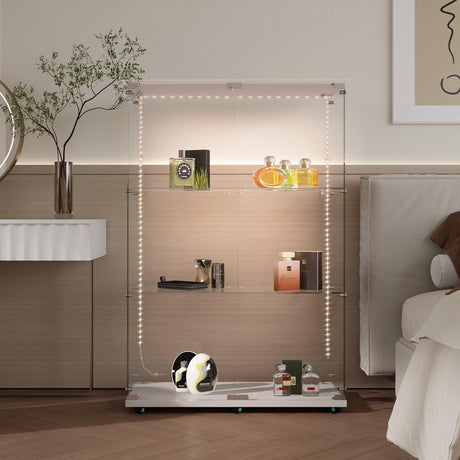 49.73" Tall Glass Display Cabinet with LED Lights&Rolling Wheels, Curio Glass Cabinet with 3 Shelves with 2 Door, Quick-Install Style Floor Standing Bookshelf File Cabinet for Home Office Kootlena