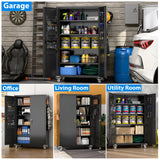 2025 Upgraded Wide & Deep Garage Storage Cabinet with Wheels, Lockable Metal Storage Cabinet with Pegboards and 9 Hooks, 2 Tool Pouches for Garage,4 Adjustable Shelves (Black,43''W x 22''D x 72''H) SUXXAN