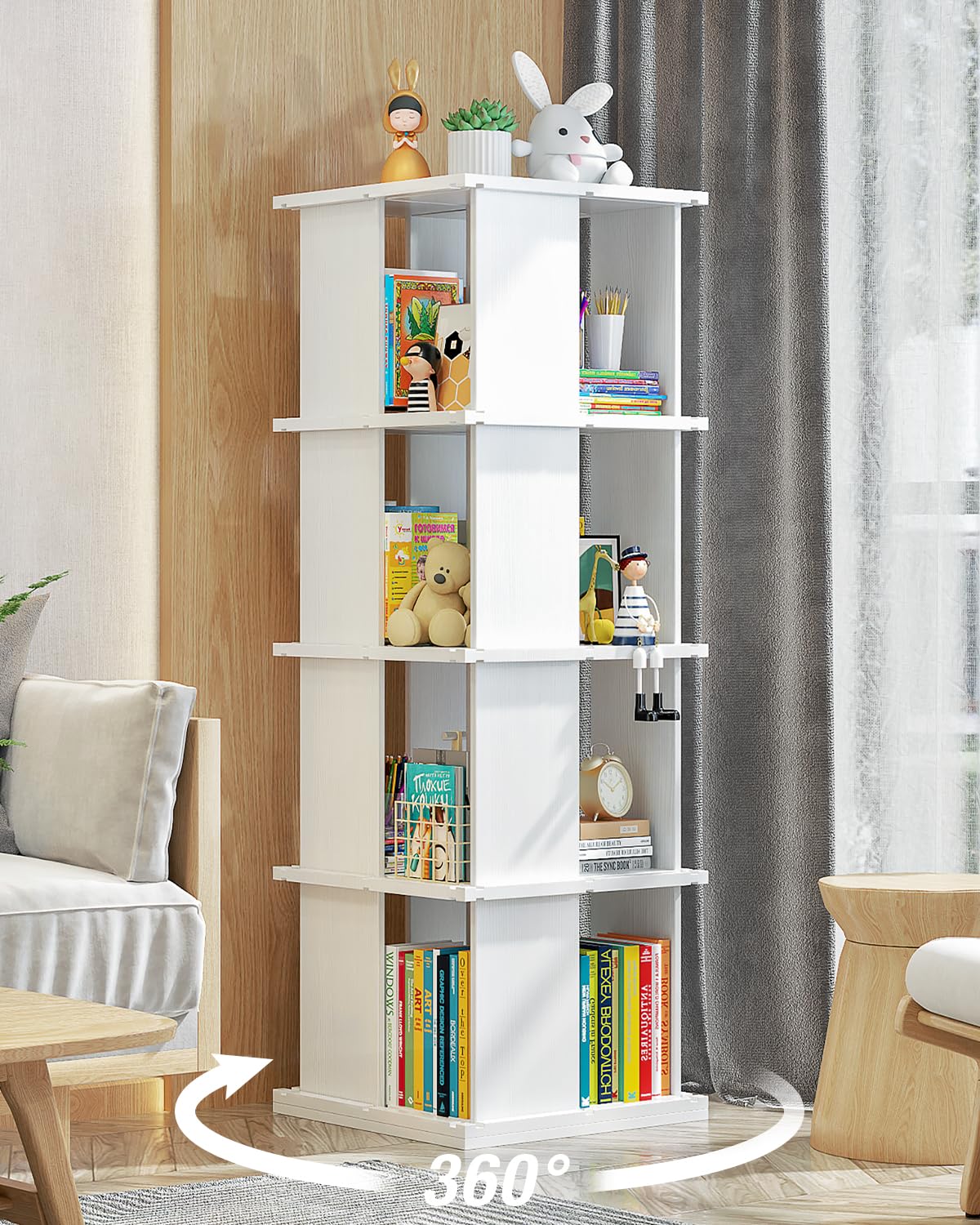 ATRURAL 4-Tier Rotating Bookshelf - 360° Solid Wood Bookcase Organizer in White - WoodArtSupply