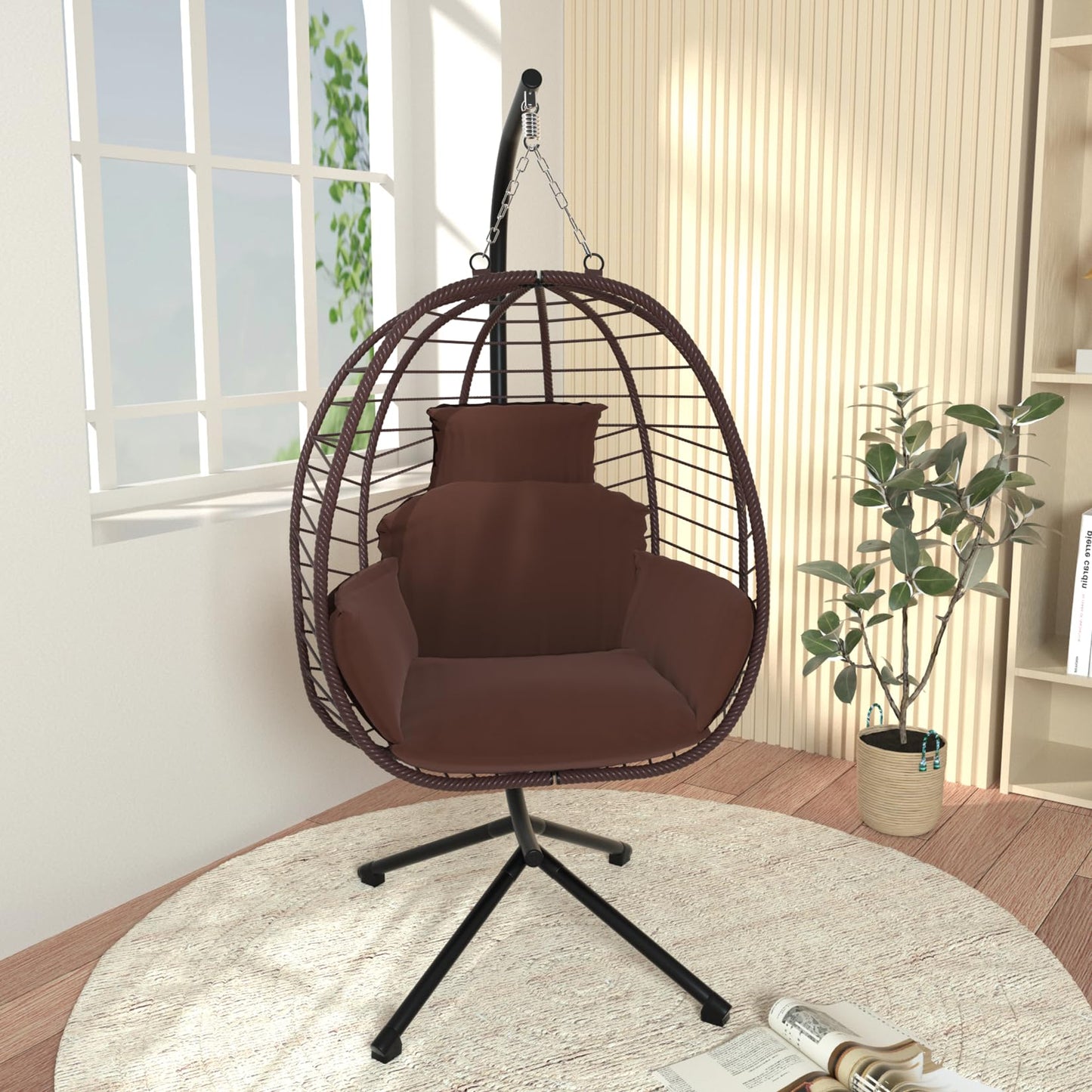 VARVIND Hanging Egg Chair with Stand Patio Hammock Swing Chair, Basket Wicker Rattan Adjustable Height UV Resistant Indoor Outdoor Use 350Lbs Brown - WoodArtSupply