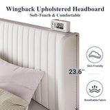 Allewie Queen Size Velvet Bed Frame/Vertical Channel Tufted Wingback Headboard/Upholstered Platform Bed/Strong Wooden Slats/No Box Spring Needed/Easy Assembly/White Allewie