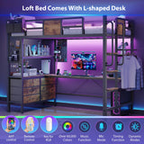 Loft Bed Twin Size with L-Shaped Desk,Metal Bunk Bed Frame with 5 Storage Drawers, LED Lights & Charging Station,Twin Loft Bed with Removable Ladder, Safety Guardrail,No Box Spring Needed,Rustic Brown Dnxao