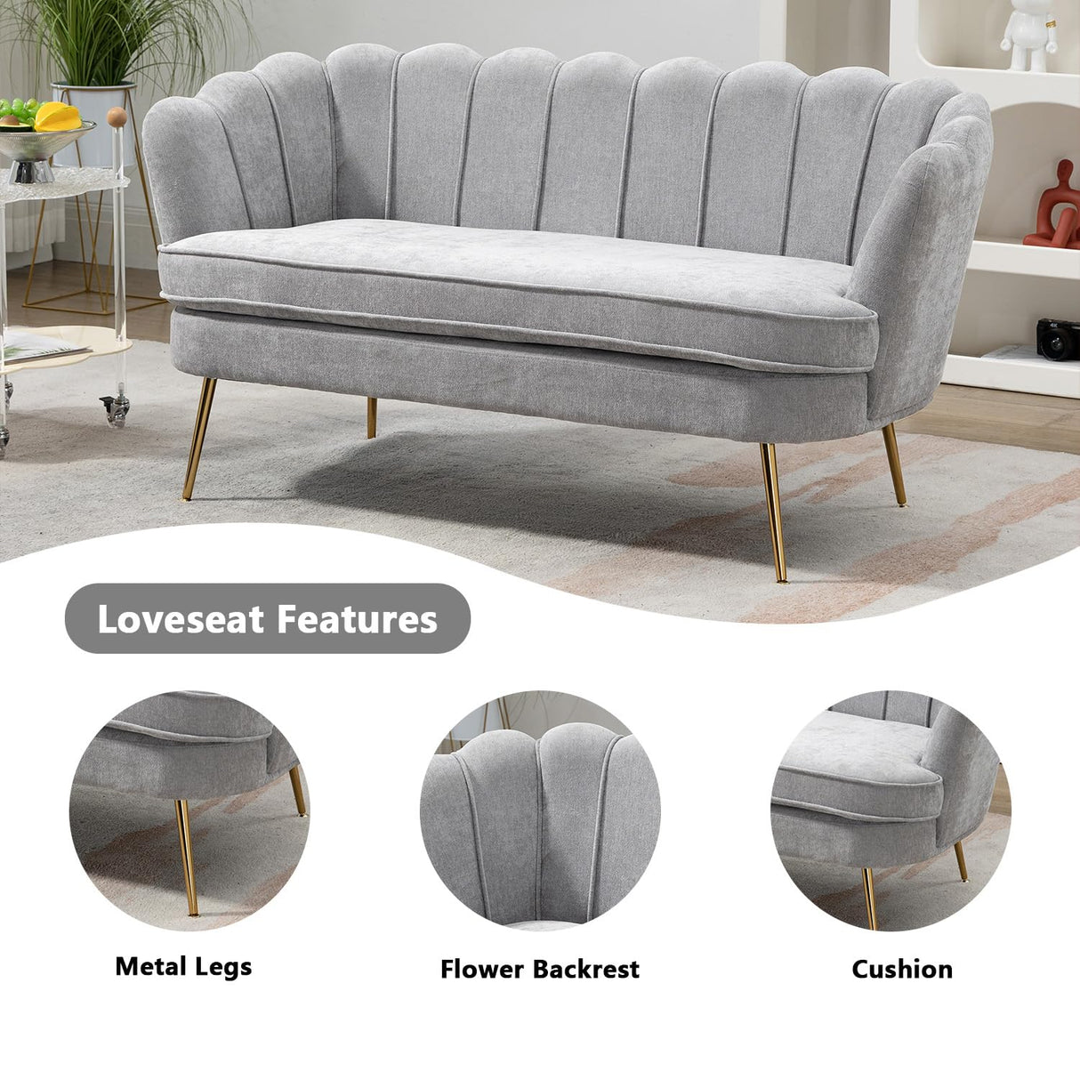 Anwick 59" Small Modern Chenille Loveseat Sofa, 2-Seater Sofa with Gold Metal Legs, Small Couch with Flower Shaped Back for Living Room Bedroom Office (Light Gray) Anwick