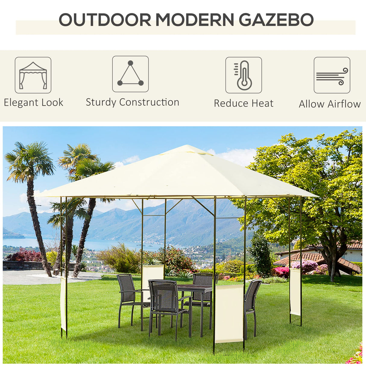 Outsunny 10' x 10' Patio Gazebo, Outdoor Gazebo Modern Canopy Shelter with Vents Roof and Steel Decorative Columns, for Garden, Lawn, Backyard and Deck Outsunny