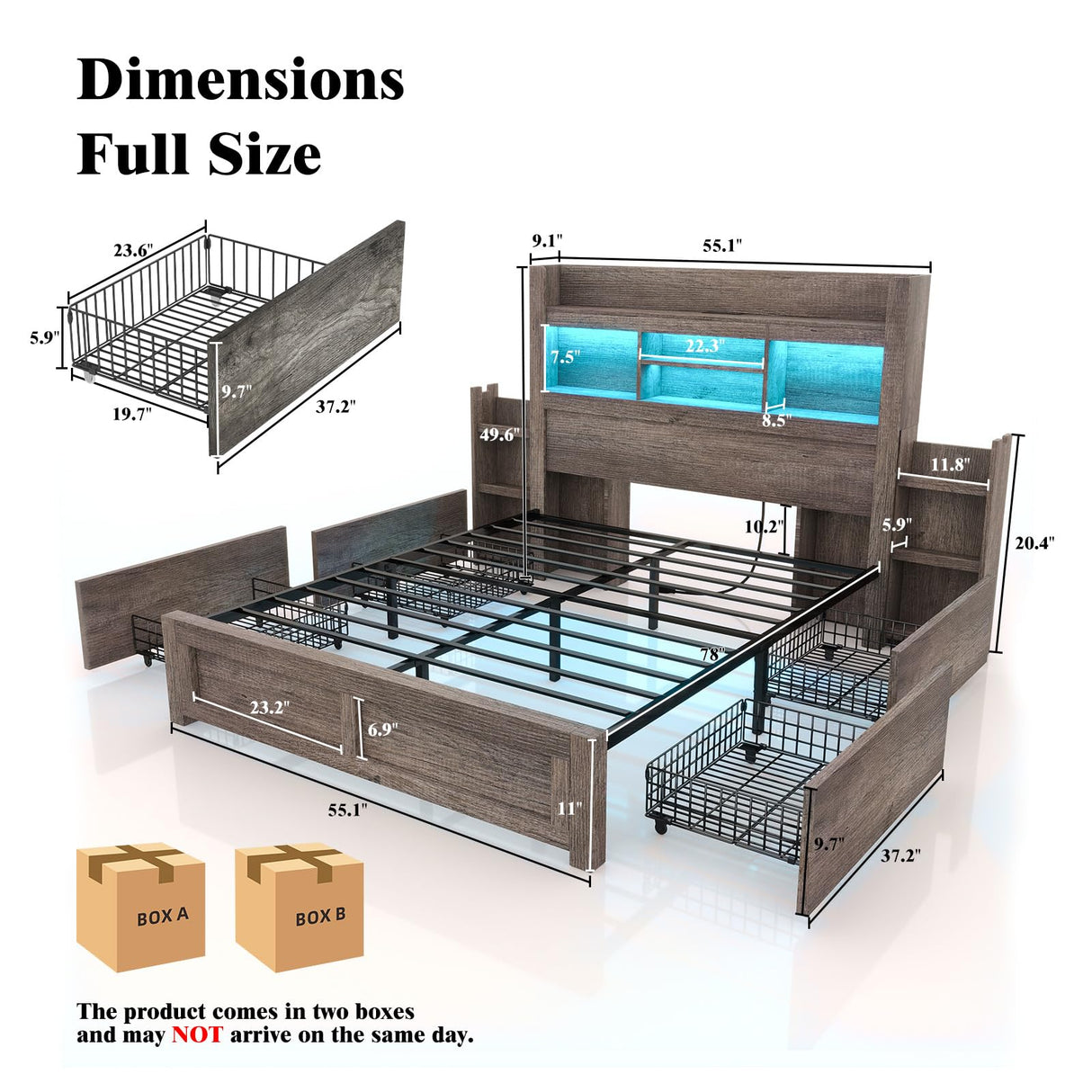 LUXOAK Full Bed Frame with 49.6" Bookcase Headboard & 2 Detachable Bedside Stoage Racks & 4 Drawers, Farmhouse Wood Bed Frame with RGB LED & Charging Station, No Box Spring Needed, Grey LUXOAK