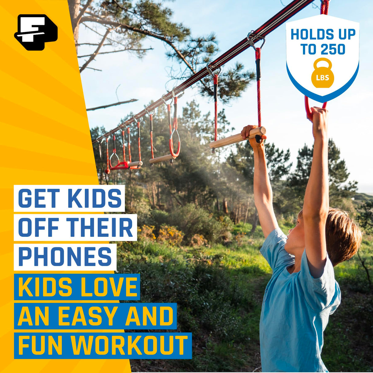 Fofana Ninja Warrior Obstacle Course for Kids – 32-Piece Backyard Playset, 9 Fun Training Obstacles, 65 Ft Slackline Kit Accessories - Outside Line Ninja Kids Toys, Outdoor Play Equipment, Jungle Gym Fofana