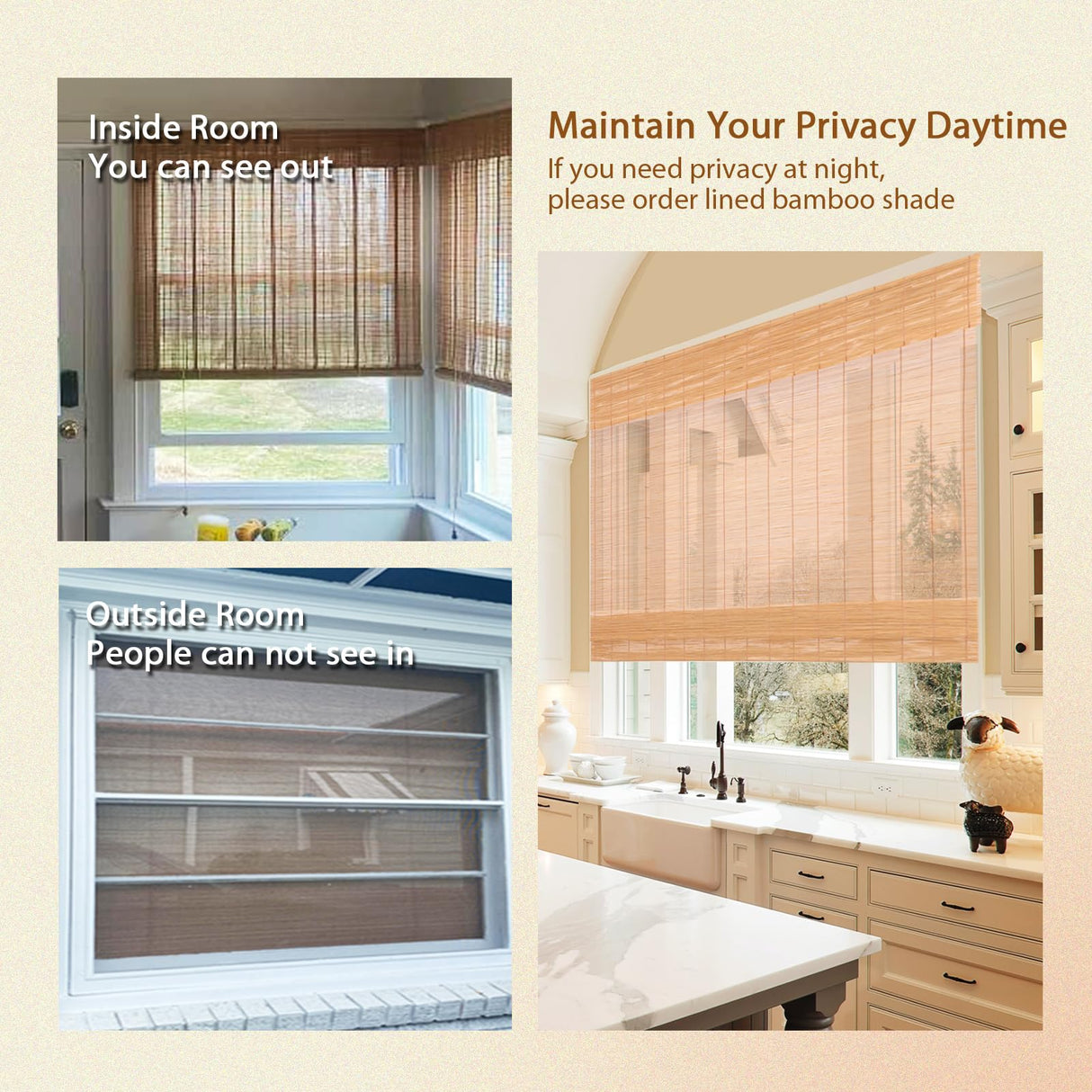 CHEFRU Cordless Bamboo Window Roman Shades, Almond, Indoor/Outdoor Privacy Cordless Wood Window Shades Blinds CHEFRU