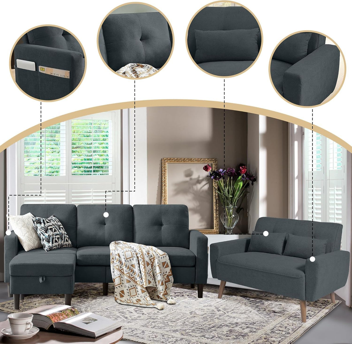 Pingliang Home 2 Piece Comfy Couch Set, 3 Seater & 2-Seater Sofa and Loveseat Set with Ottoman, Modern Sofa Sets for Living Room/Apartment/Office, Dark Grey Pingliang Home