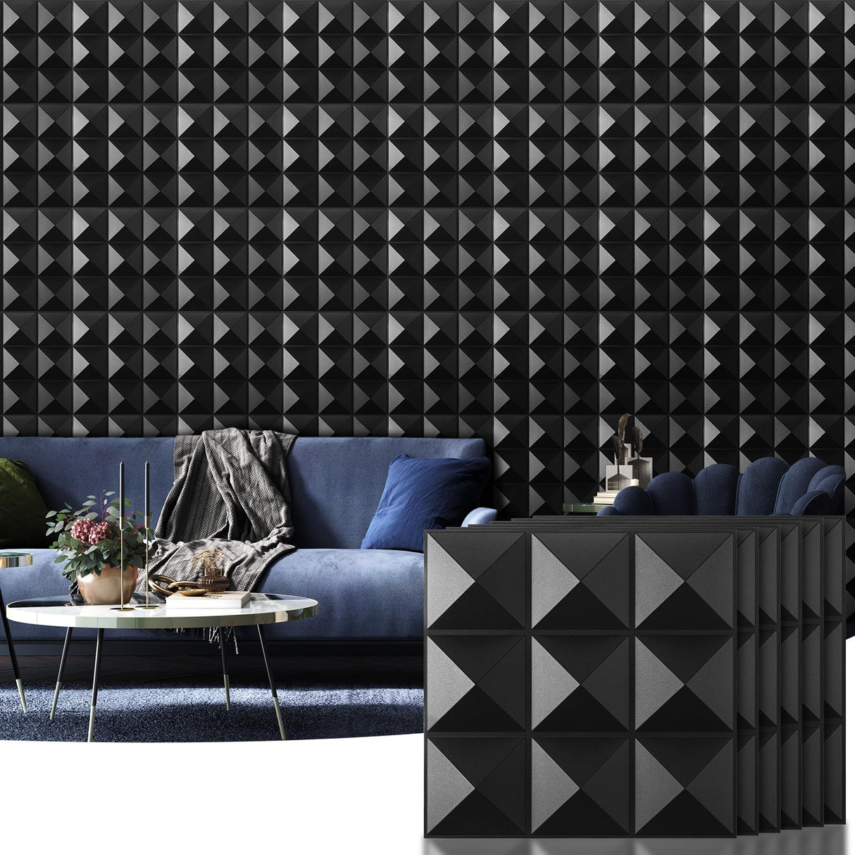 Fulmoon 50 Pcs 3D Wall Panel PVC Textured Wall Panels Decorative 12 x 12 Inches Wall Tiles for Living Room Lobby Bedroom Office Hotel Interior Wall Decor Ceiling Bathroom (Matte Black) Fulmoon