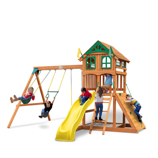 Gorilla Playsets 01-1063-Y Outing Wood Swing Set with Wood Roof & Yellow Slide, Amber - WoodArtSupply