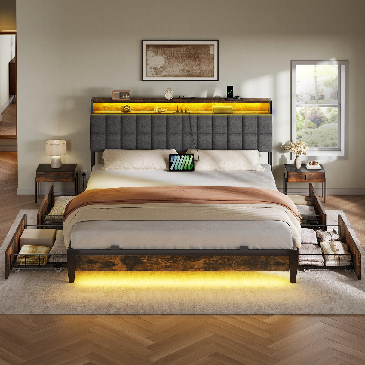 YITAHOME Queen Size Bed Frame with RGB LED Lights and 4 Drawers, Upholstered Platform Bed with Charging Station and Storage Headboard, No Box Spring Needed, Noise-Free, Fast Assembly, Rustic Brown YITAHOME