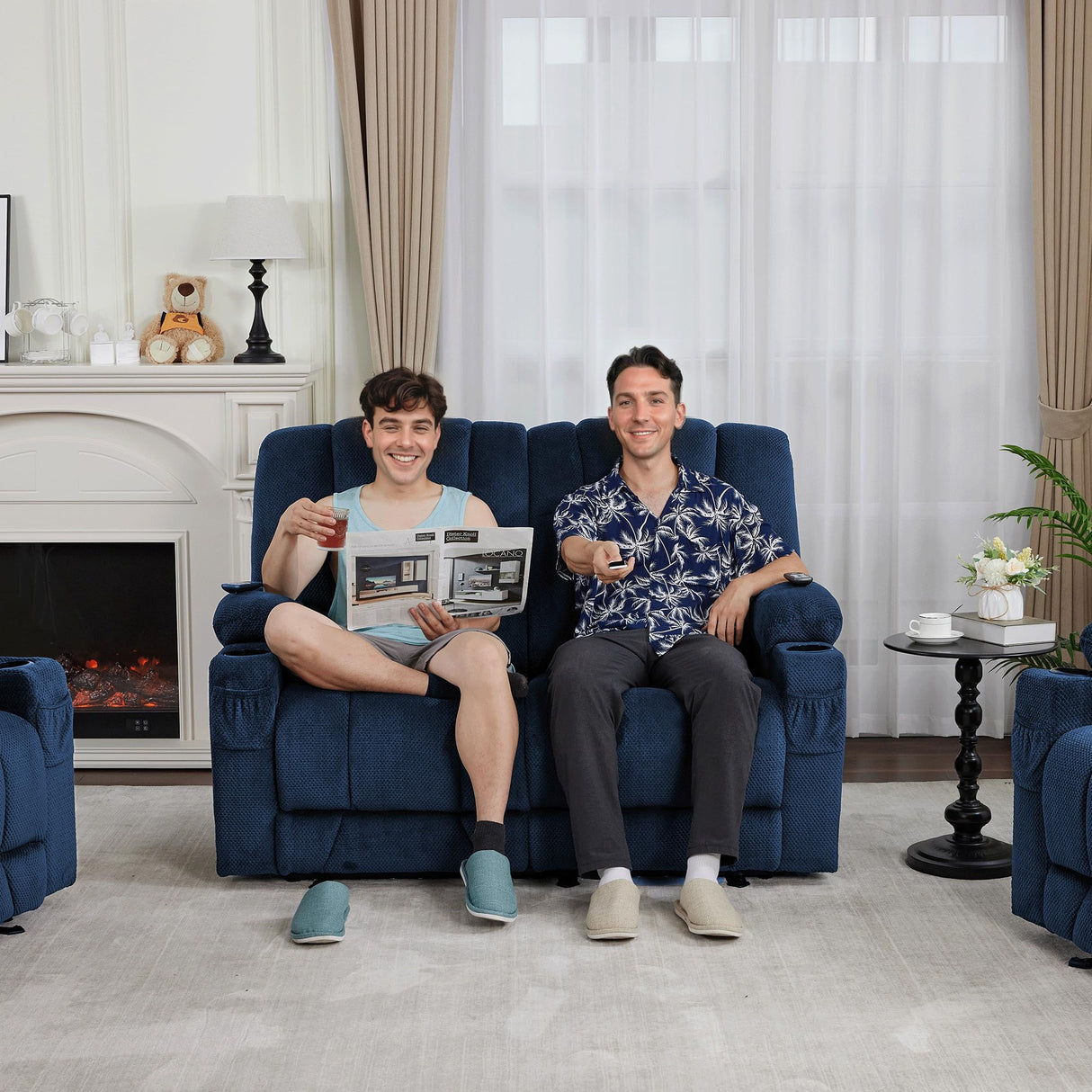 MCombo 57.8" Zero Gravity Power Loveseat Recliner with Heat and Vibration Massage, Reclining Loveseat Sofa with USB Ports, Cup Holders for Living Room, Fabric 6035SET (Navy Blue) MCombo