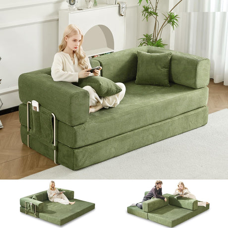 GEARIVY Folding Sofa Bed Convertable Corduroy Couch King Size Floor Sleeper 4-in-1 DIY Combination Modular Sofa Fold Out Futon Lounge Comfy Foldable Lazy cama for Living Room (Green, 70.86") GEARIVY