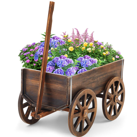 Beeveer Wooden Wagon Planter Box, Garden Planter with Wagon Wheels, Flower Cart for Patio Garden Balcony, Decorative Patio Planter Flowers Herbs Vegetables for Indoor Outdoor Decor, Brown (Classic)