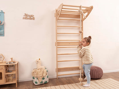 Woodandhearts Swedish Ladder Gym, Swedish Ladder Wall, Indoor Playground and Monkey Bars with Climbing Rope with Wooden Spheres in Natural Wood Color