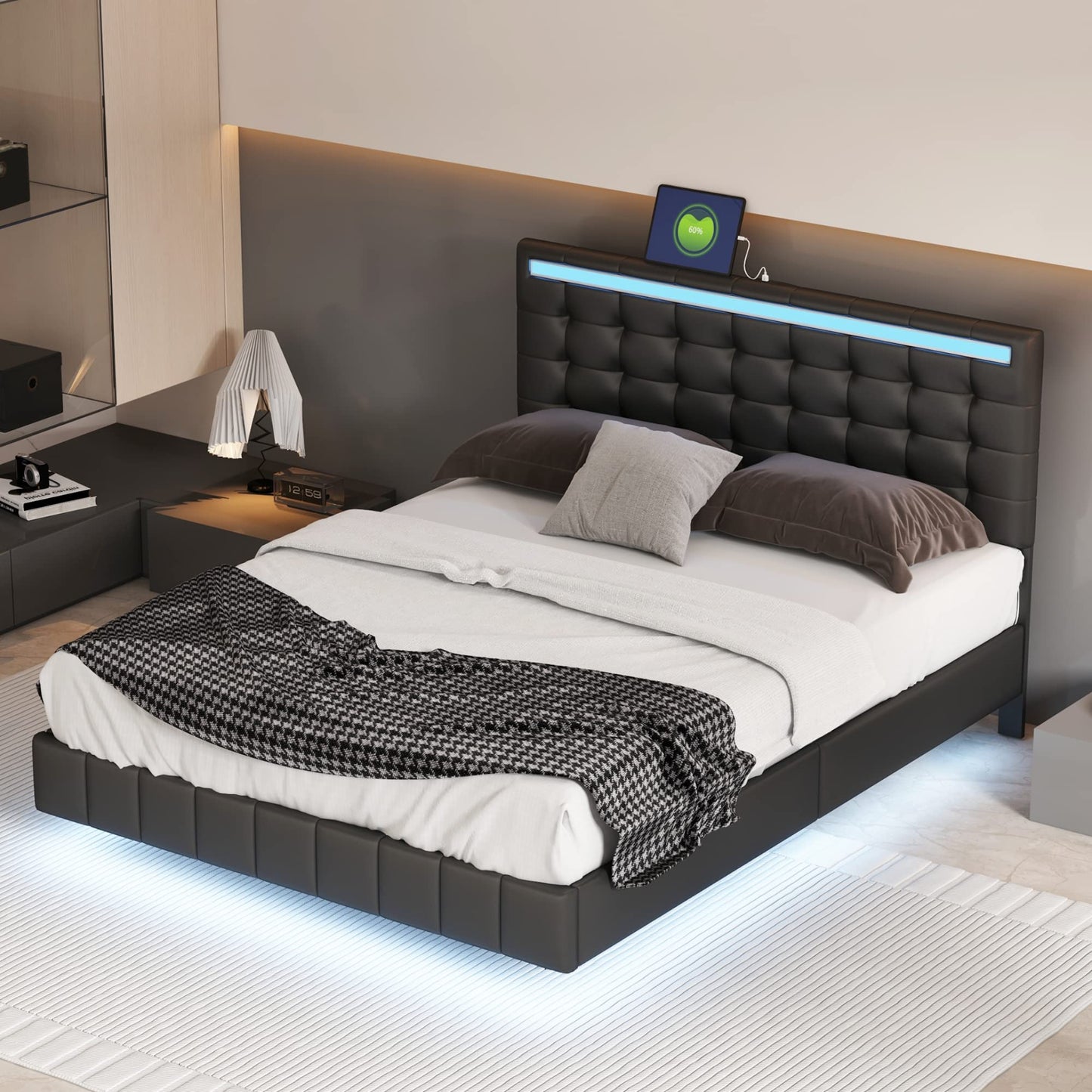 Jintop Modern Queen Size Floating Bed Frame with LED Lights & USB Charging Ports - WoodArtSupply