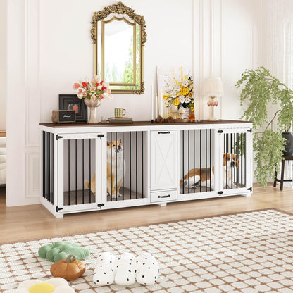 DAWNSPACES Large Furniture Style Large Dog Crate for 2 Dogs with 2 Dog Bowls & a Storage Drawer, 86.6" Heavy Duty Wooden Dog Kennel, Indoor Dog kennel for Large Medium Dogs, TV Stand Table, W - WoodArtSupply