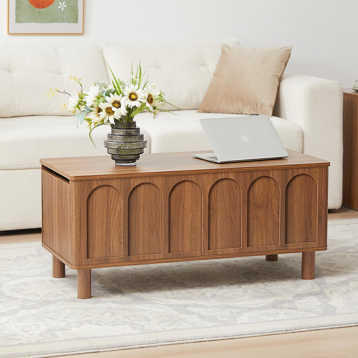 Lift Top Coffee Table with Arched Finish, Modern Coffee Table with Lifting Tabletop & Hidden Storage, Wood Center Table for Living Room,Convenient for Dining, Gaming or Working (Walnut) YUCHIATH