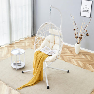 Hanging Egg Chair with Stand, Outdoor Swing Chair with Cushion and Headrest, Rattan Hammock Egg Chair for Backyard, Balcony, Indoor, 300lbs Capacity, White