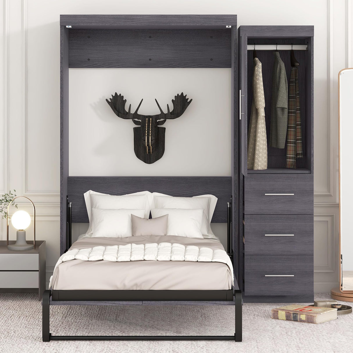 SOFTSEA Twin Size Murphy Bed, Farmhouse Wood Hidden Foldable Wall Bed Frame with Wardrobe and Storage Drawers, Can be Folded into a Cabinet, No Box Spring Needed, Grey SOFTSEA