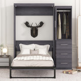SOFTSEA Twin Size Murphy Bed, Farmhouse Wood Hidden Foldable Wall Bed Frame with Wardrobe and Storage Drawers, Can be Folded into a Cabinet, No Box Spring Needed, Grey SOFTSEA