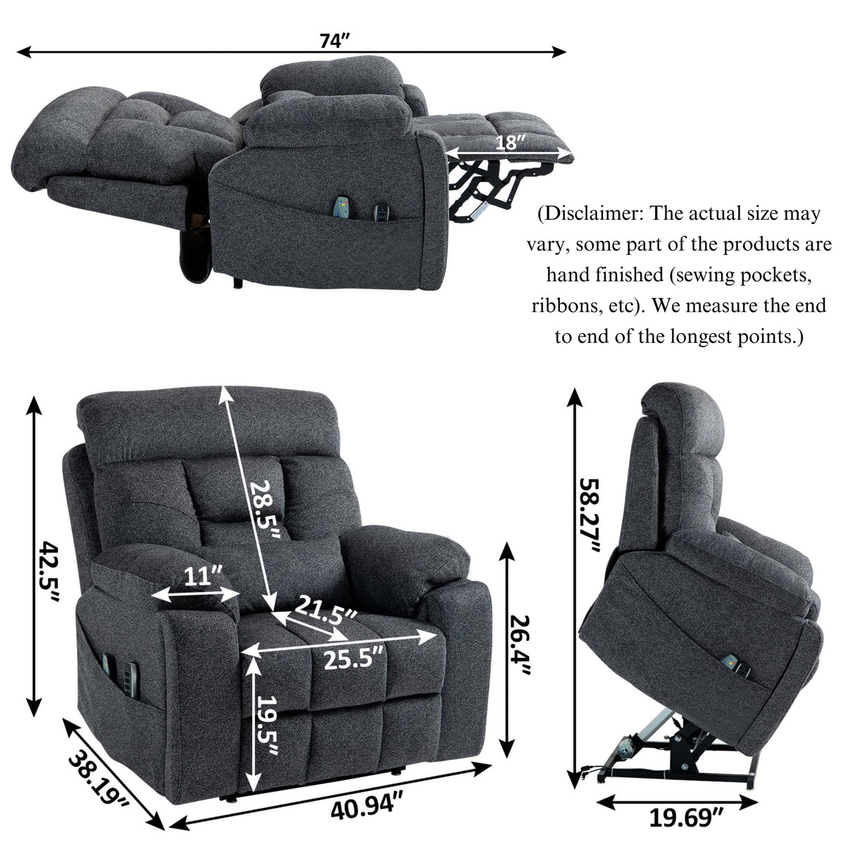 JUUXO 4-Motor Lay Flat Power Lift Recliner Chair with Heat & Massage - Power Adjustable Headrest, Backrest, Lumbar & Legrest - Big Tall Recliners, 4-Point Massage (Seat Heating) JUUXO