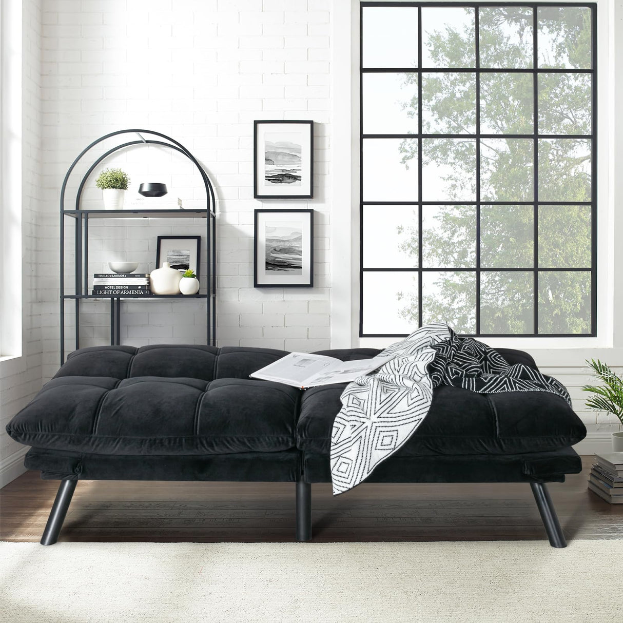 SoarTalent 67” Velvet Futon Sofa Bed Convertible Small Upholstered Couch 2-Seat Loveseat Sleeper with Adjustable Backrest and Armrest for Small Space Apartment,Gaming Room,Office(Black) SoarTalent