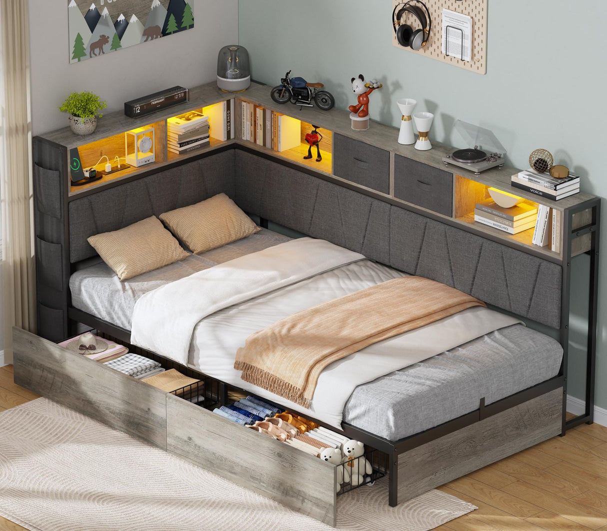 PUNICE Modern Twin XL Corner Bed Frame with Bookcase & LED Lighting - Space-Saving Kids' Platform Bed with Charging Station & 2 Underbed Storage Drawers in Gray (Gray) PUNICE