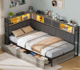PUNICE Modern Twin XL Corner Bed Frame with Bookcase & LED Lighting - Space-Saving Kids' Platform Bed with Charging Station & 2 Underbed Storage Drawers in Gray (Gray) PUNICE