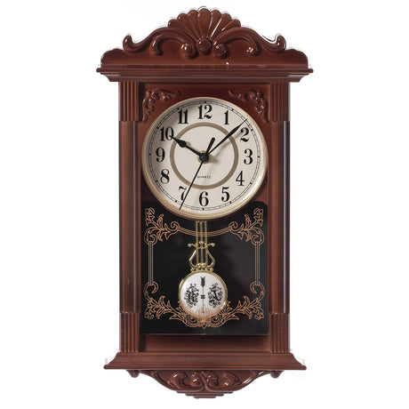 Clockswise Vintage Grandfather Wood-Looking Plastic Pendulum Decorative Battery-Operated Wall Clock Brown, for Office, Home Decor, Living Room, Kitchen, or Dining Room,Brown Clockswise