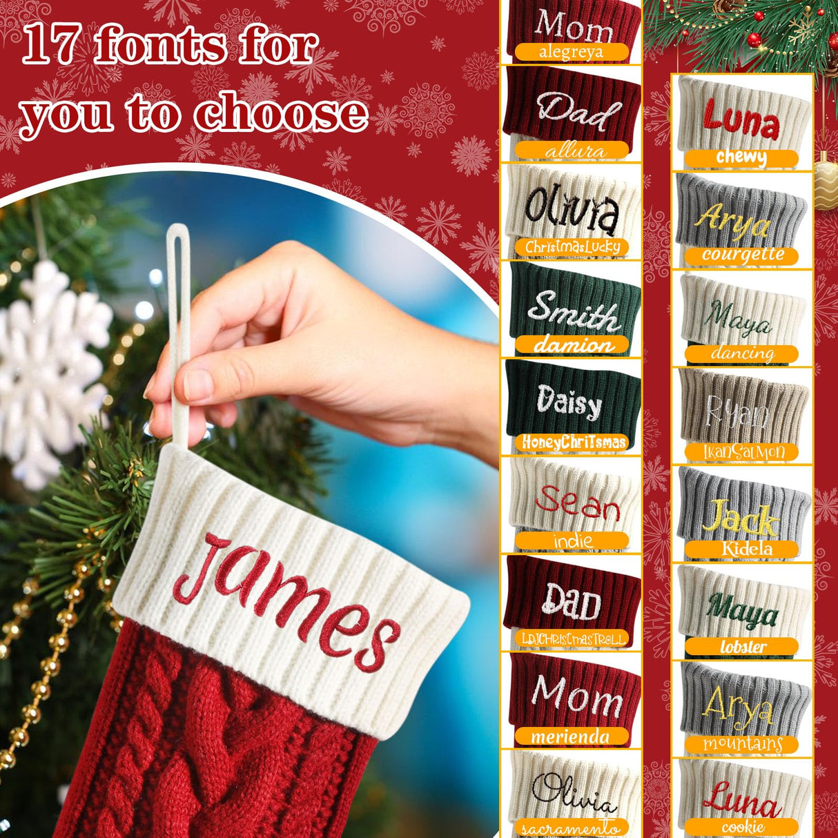 Personalized Christmas Stockings, 18” Large Custom Stockings with Embroidered Name, 1 Pack Knitted Xmas Stocking for Kids,Holiday and Family Stocking for Fireplace Christmas Party Decoration (A) Tarwanear