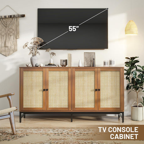 ZLWJGY Credenza Rattan Buffet Cabinet, Sideboard Storage Accent Cabinet with 4 Wicker Doors, Wide Modern Console Cabinet for Kitchen, Living Room and Dining Room, Walnut ZLWJGY