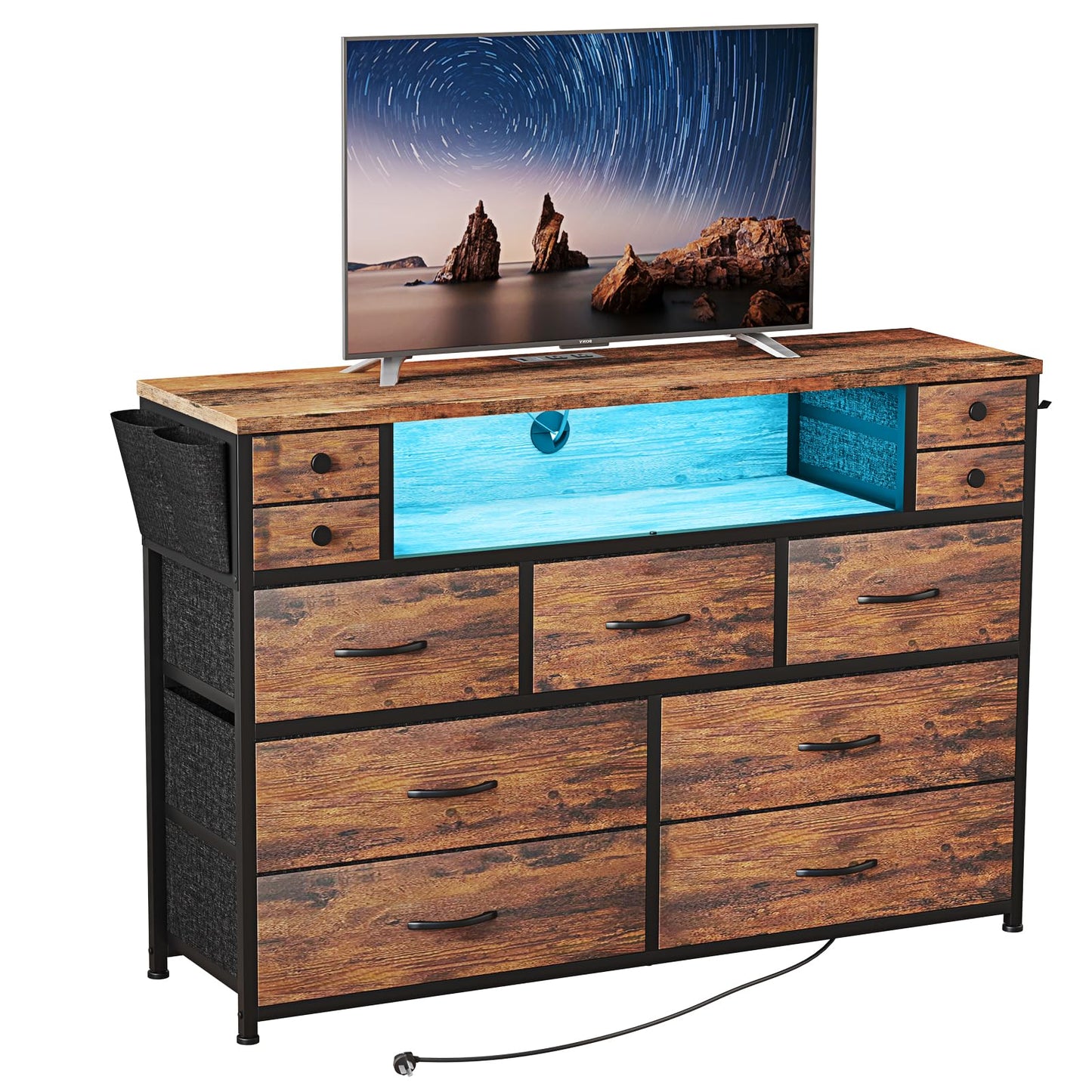 DRAWERHOM Dresser TV Stand with Power Outlets and LED Lights for 55'' TV, 11 Drawers Dresser with Side Pocket, Fabric Chest of Drawers with PU Finish, Sturdy Frame & Wood Top (Rustic Brown)