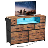 DRAWERHOM Dresser TV Stand with Power Outlets and LED Lights for 55'' TV, 11 Drawers Dresser with Side Pocket, Fabric Chest of Drawers with PU Finish, Sturdy Frame & Wood Top (Rustic Brown) DRAWERHOM