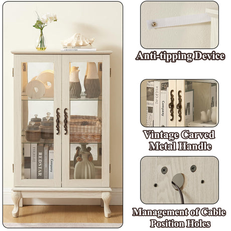 nifoti 43" H Lighted Curio Cabinet Display Case, Glass Curio Cabinet with Adjustable Shelves & Tempered Glass Door, Wooden Curio Cabinet with Mirrored Back Pane for Living Room (Antique White) nifoti