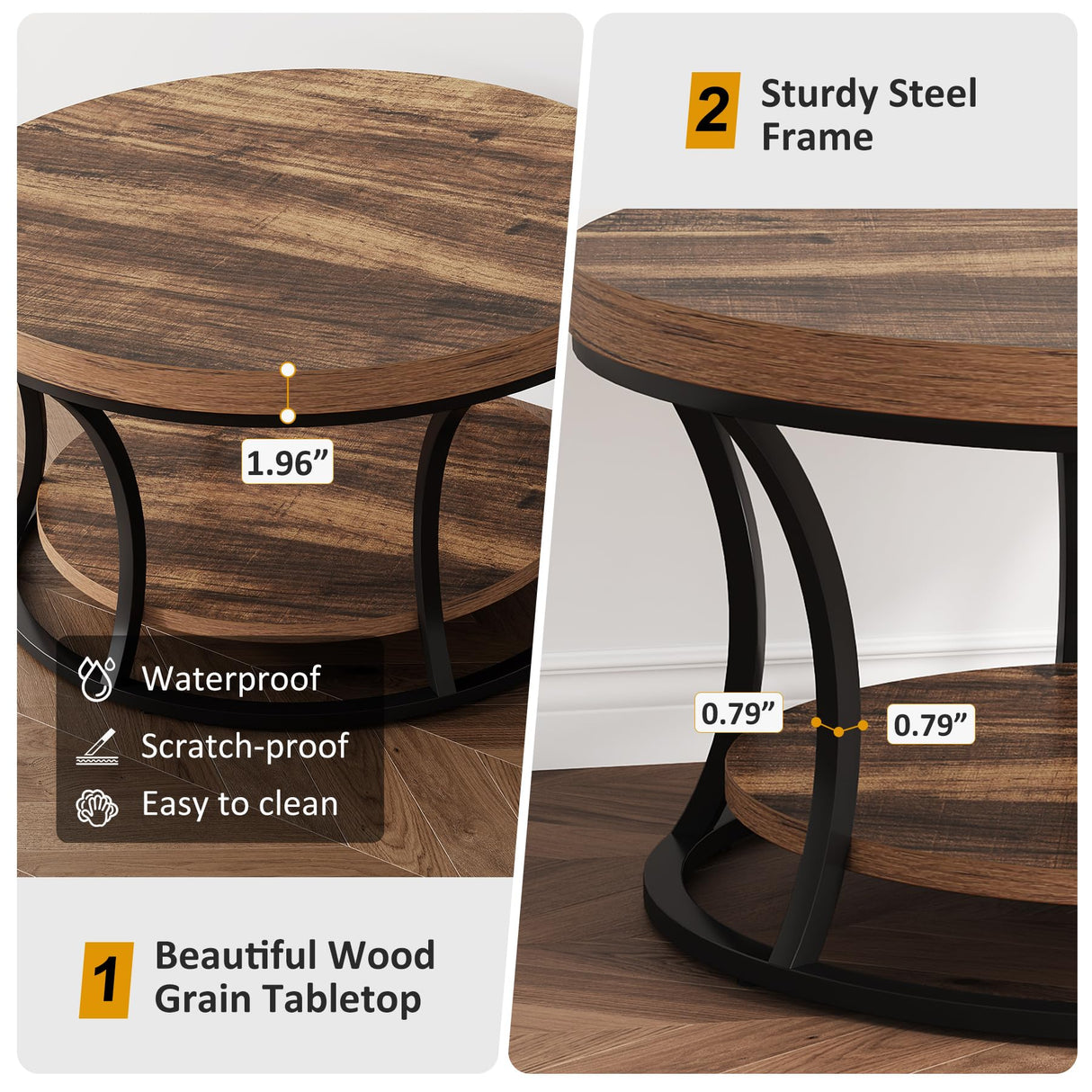 Condemo Round Coffee Table for Living Room, 2-Tier Circle Coffee Table with Storage, Accent Center Table Modern Design, Rustic Brown and Black Condemo