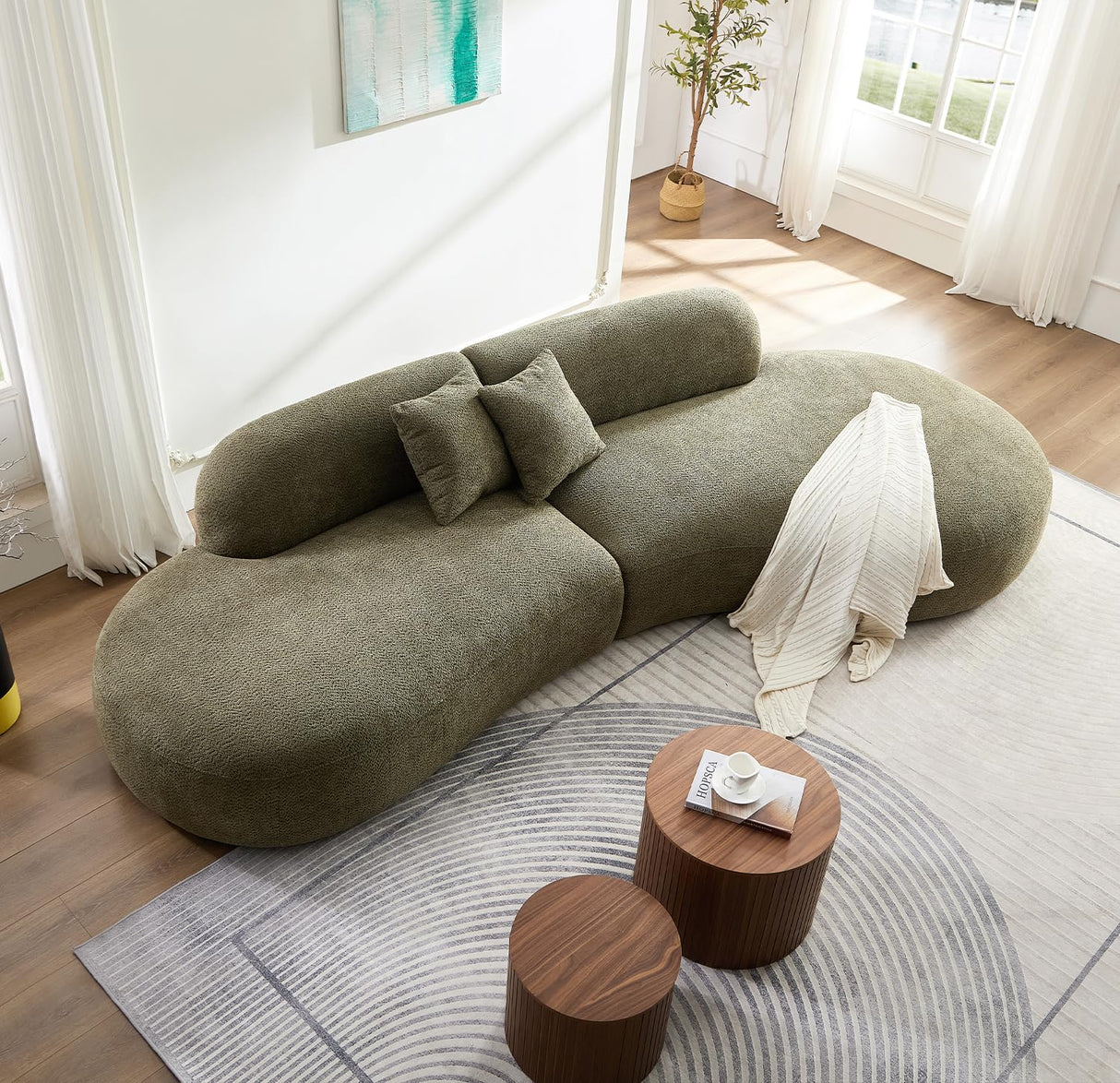 YOPENG 135.4" Curved Sofa Couch, Modern Curved Sectional Sofa, Oversized Luxury Boucle Couches Modular Upholstered with Chaise & 2 Pillows 6 Seater Sofas for Living Room,Offce,Right Facing,Green YOPENG