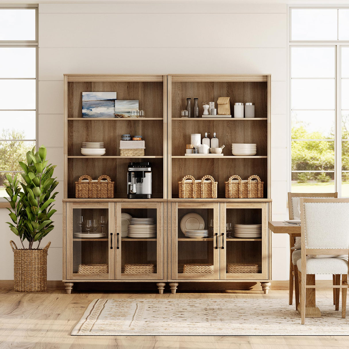 WAMPAT 5 Tier Bookshelf 72" Tall Bookcase with Glass Doors,Large Farmhouse Display Book Shelf with Adjustable Shelves and Storage Cabinet，Library Wood Bookshelves for Living Room,Kitchen, Oak(2PCS) WAMPAT