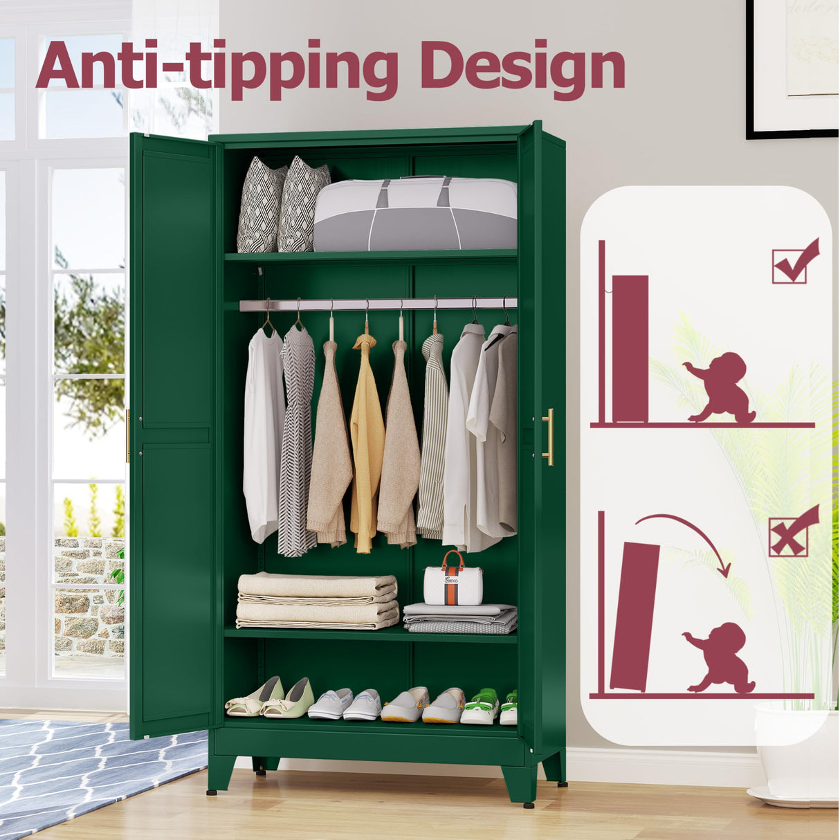 GAIOUS Metal Wardrobe Cabinet with Hanging Rod, 71" Metal Clothing Storage Cabinets with 2 Doors and Adjustable Shelves, Green Armoire Wardrobe Closet for Bedroom, Laundry Room, Cloak Room GAIOUS