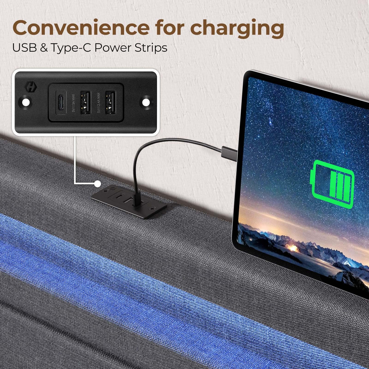 Rolanstar Bed Frame Twin Size with LED Lights and Charging Station, Upholstered Bed with Motion Activated Night Light and Wood Slats, Dark Grey Rolanstar