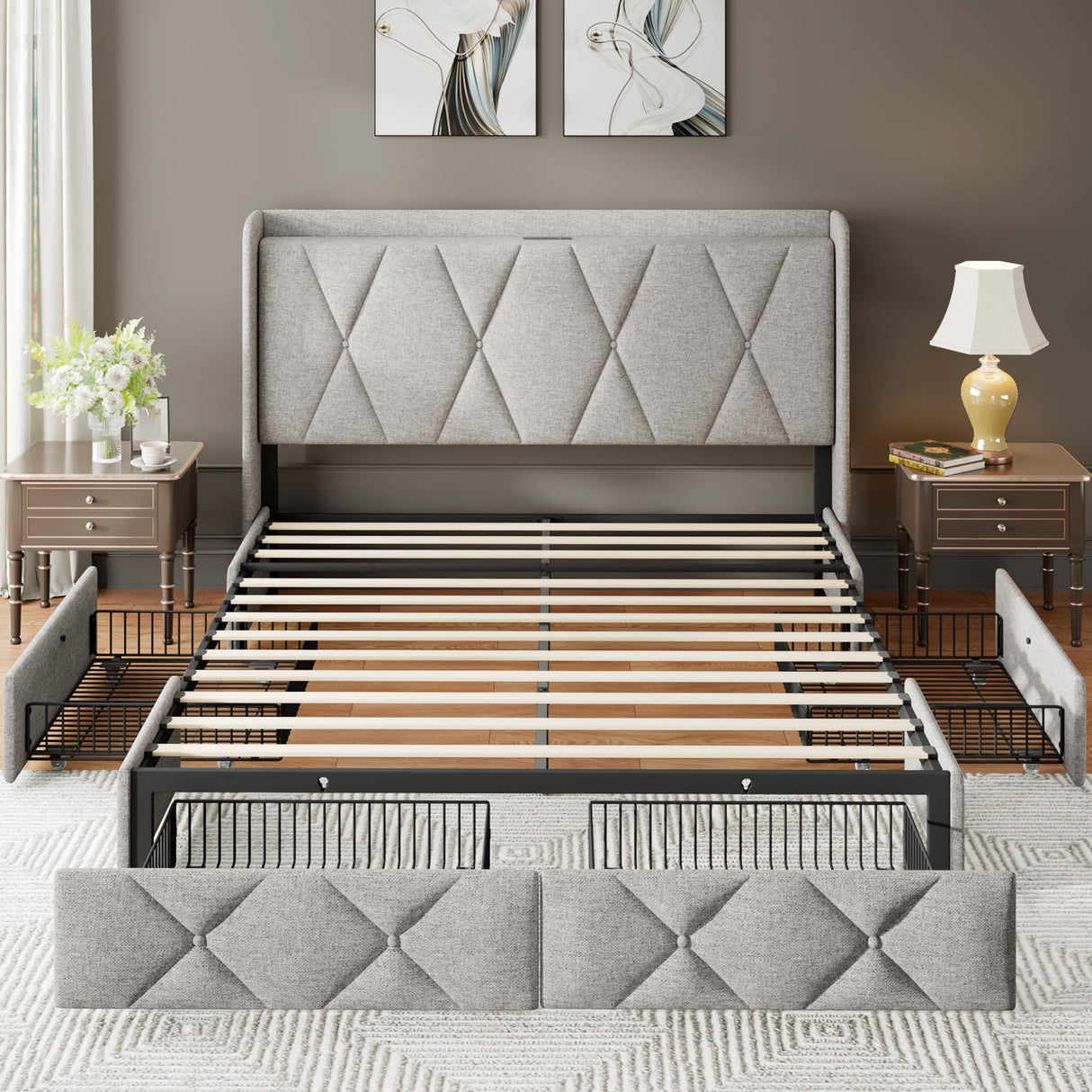 Feonase Full Bed Frame with 4 Storage Drawers, Upholstered Button Tufted Storage Headboard with Fast Charging Station, Heavy Duty Slats Support, No Box Spring Needed, Noise-Free, Light Grey Feonase