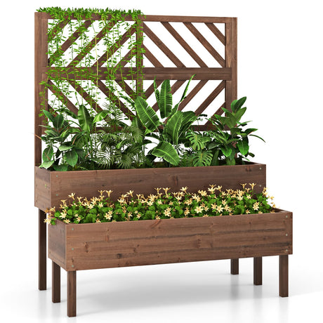 Toolsempire Raised Garden Bed with Trellis & 2 Planter Boxes, 2-Tier Outdoor Wooden Elevated Planter Box with Legs & Drainage Holes, Gardening Planter for Flowers, Herbs, Vegetables & Fruits(Brown) Toolsempire