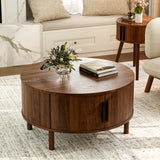 ZttRiee Coffee Table for Living Room, Modern Round Coffee Table with Cabinets & Sliding Doors, Home Small Space, 29.9" Fluted Center Table, Walnut ZttRiee