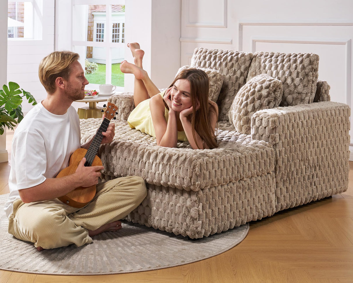 VanAcc 53 Inch Upholstered Chaise Lounge, Plush Sleeper Chair with Throw Pillows and Armrests, Sofa Bed Indoor for Living Room, Brown VanAcc