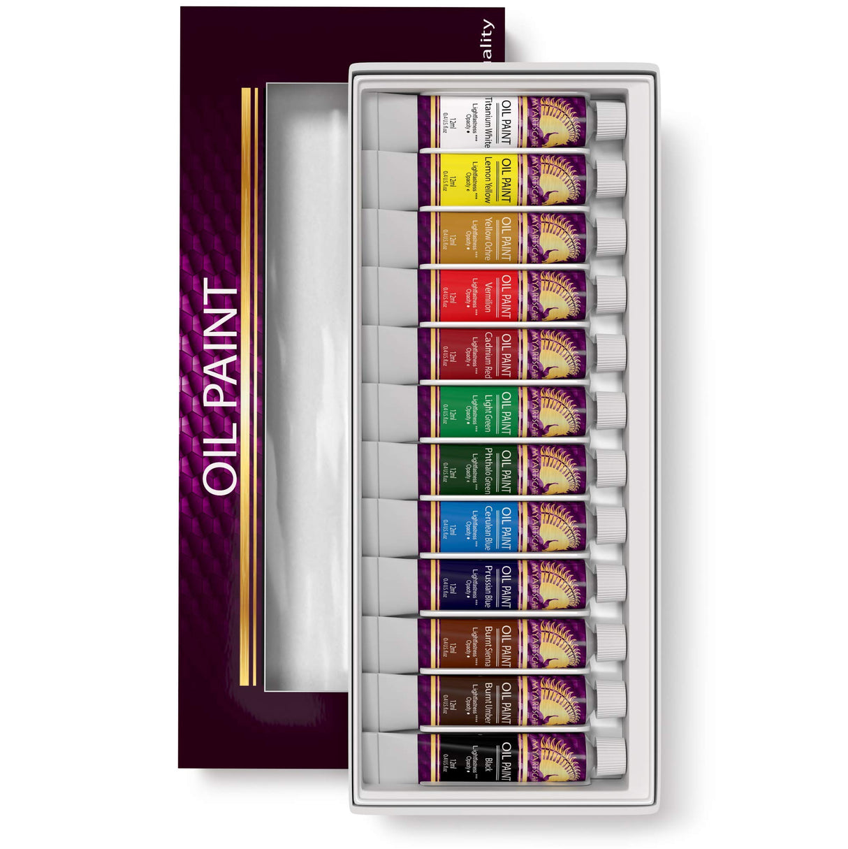 MyArtscape Oil Paint Set - 12 x 12ml Tubes - Lightfast - Heavy Body - Oil-based Vibrant Colors - High Pigment Load - Non-fading - Artist Quality Painting Supplies - Professional Craft Paints MyArtscape