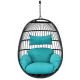 Sunnydaze Dalia Black Steel and Polyethylene Wicker Hanging Egg Chair with Teal Polyester Seat Cushions - 45-Inch Tall Sunnydaze