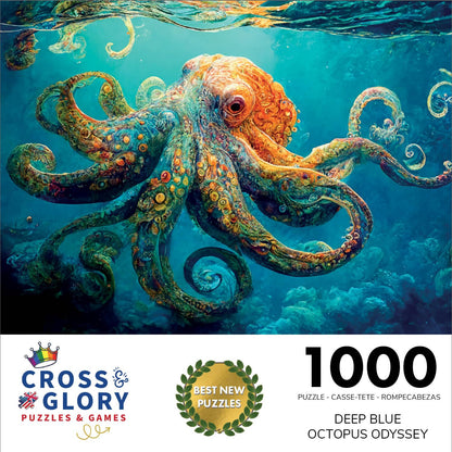 Cross & Glory - Deep Blue Octopus Odyssey - 1000 Piece Jigsaw Puzzle for Adults | Best New Marine Artwork Puzzle | Unique Brain Teaser