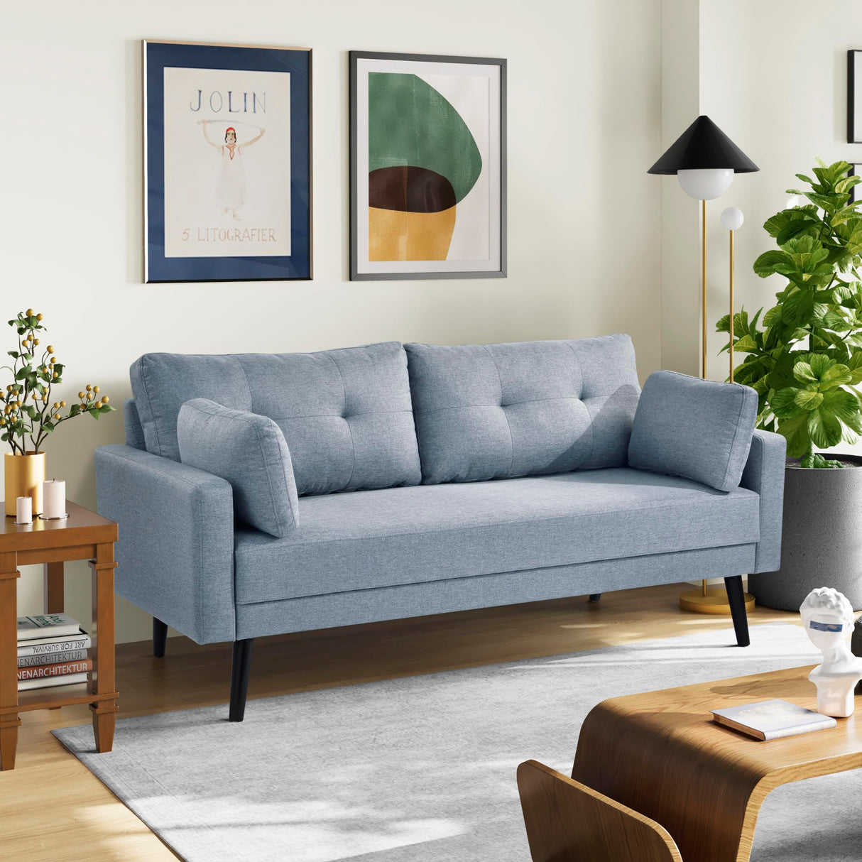 Serta Benrama 67" Soft Modern Sofa, Square Track Arms, Solid Wood Legs, Easy Assembly, Dream Coil Comfort, Soft Woven Polyester Fabric, Light Gray Serta